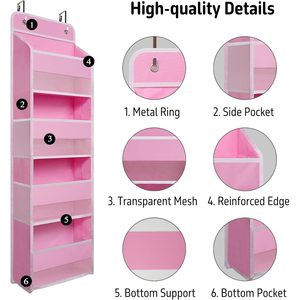 Organisateur rose à suspendre sur la porte, 33x15x85cm, avec 4 poches transparentes, rangement suspendu pour chambre d'enfant, salle de bain, placard, jouets - Product Image 4