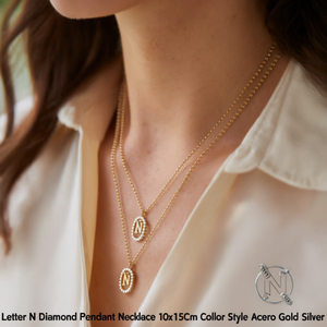 Collar con Colgante de Diamante en Forma de Letra N, 10x15 cm, Estilo Collar, Acero, Oro, Plata - Product Image 3
