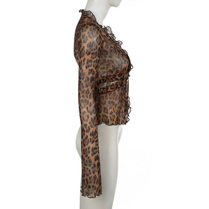 Leopar kadın T-shirt giysi gömlek ince bluz uzun kollu düzensiz kayış örgü T-shirt - Product Image 5