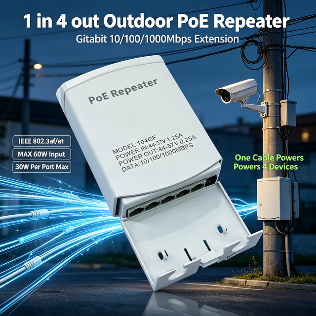Gigabit Outdoor PoE Switch Extender Repeater 1 in 4 Out Rainproof Pull-Out Box 3-in-1 IEEE 802.3af/at for IP Camera AP-104GF