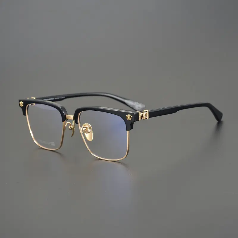 High-End el yapımı oyma gözlük orta altın gözlük lüks İtalyan asetat yarım çerçeve miyopi gözlük çerçeve