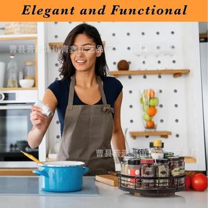 Retro Style Kitchen <b>Spice</b> <b>Rack</b> Round <b>Rotating</b> Wood And Iron Storage Tray For Condiments And Seasonings 12 Compartments - Product Image 4