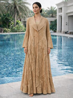 Abaya plissée à ouverture frontale pour femmes, 100% polyester |   Cardigan long modeste à col revers et manches évasées 145cm