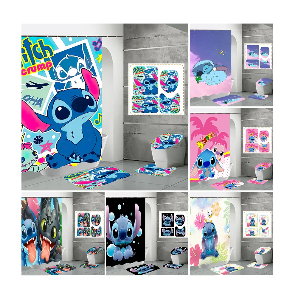 Cortinas De Bao para niños, juego De cortina De baño con dibujos animados De Stitch, Ángel, con 12 ganchos De Metal, 4 Uds.