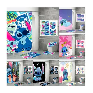 Custom Brand Kids Children 4PCS Cortinas De Bao Cartoon Stitch Angel Bathroom Shower Curtain Set with 12 Metal Hooks