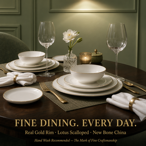 Service de table élégant en porcelaine fine de Chine nouvelle génération, 18 pièces, avec bordure en or véritable, motif lotus festonné, idéal pour les mariages et les dîners raffinés - Product Image 5