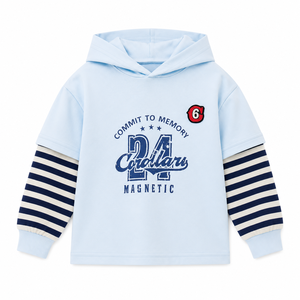 <span class=keywords><strong>Sweat</strong></span>-shirt à capuche 2-en-1 pour enfants MZJ, effet superposé, manches rayées, en mélange polyester-coton, motif universitaire, anti-plis - Product Image 1