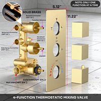 Ensemble de robinetterie de douche thermostatique à 3 poignées avec deux douches carrées LED de 6 pouces, jet complet, finition or brossé, en laiton