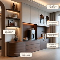 Buffet de salle à manger personnalisé | Porte en verre cintrée gris beige | Étagère flottante LED | Base Courbe | Vente en gros OEM