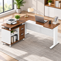 Meja Eksekutif Baja Modern Kontemporer Mewah untuk Bos CEO Direktur Kantor, Meja Komputer Sudut Bentuk L dengan Kabinet Samping, Warna Walnut