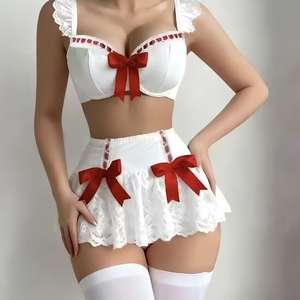 ชุดชั้นในเซ็กซี่แบบผูกโบว์ ชุดยูนิฟอร์มวาบหวิว ระบายอากาศได้ดี ลวดลายลายนูน ชุดคอสเพลย์แม่บ้านลูกไม้ ชุดยั่วยวนผู้หญิง โปร่งใส - Product Image 3
