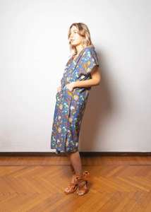 Robe longue décontractée d'été à imprimé floral, col en V, manches courtes, coupe ample, en coton tissé respirant, taille naturelle, légère - Product Image 2