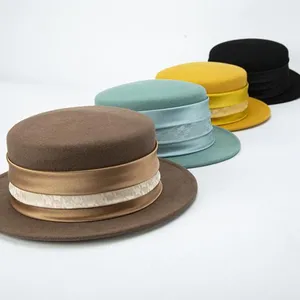 Autumn And Winter Woolen Cloth New Flat Top Flat Brim British French Small Brim Hat Yellow Fruit Green Flat Top Hat