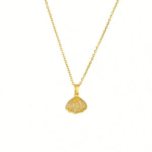 High-End Luxury Women's Gold Plated Stainless Steel Pearl Necklace Fan Shell <b>Pendant</b> Collarbone Chain Micro Insert Wedding - Product Image 5