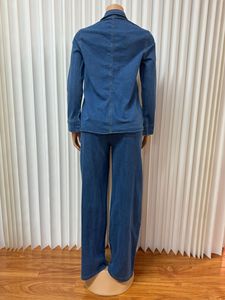 2025 donna europea e americana completo in Denim a maniche lunghe <span class=keywords><strong>con</strong></span> risvolto e cravatta <span class=keywords><strong>pantaloni</strong></span> a gamba dritta Set due pezzi - Product Image 4