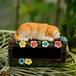 Patung kecil Model Resin lampu surya, dekorasi rumah anjing tidur rumput ornamen taman kerajinan tangan Resin