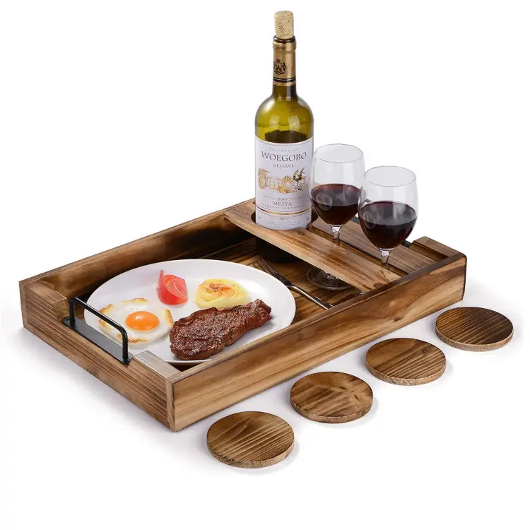 Bandeja de madeira maciça para servir vinhos tintos, bandeja rústica personalizada com logotipo personalizado, bandeja otomana para frutas e alimentos