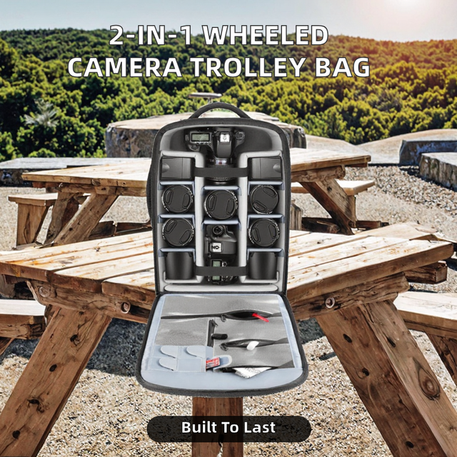 2-In-1 Luxury Vintage Wheeled Travel DSLR Camera Trolley Backpack with Zipper Closure Portable Rolling Wheels Polyester Material