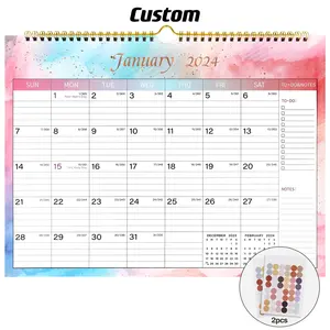 Buat desain Anda sendiri ikat kawat ganda kuat emas 2024 kalender besar kalender dinding 12 bulan