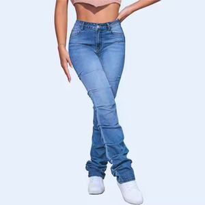 Jeans personnalisés avec logo OEM, vente chaude, respirants, amples, confortables, décontractés, en denim uni pour femmes - Product Image 2