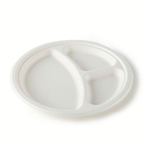 Assiette de fête en bagasse de canne à sucre compostable et biodégradable à 3 compartiments, 10 pouces, blanche - Product Image 1