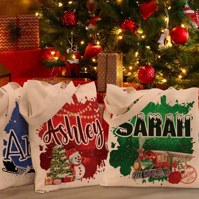 Merry Christmas Goodie Bag Gift Personalized Canvas Bags Custom Name for Kids Gift Totes Bag Snowman Noel Tree Train Xmas Sacks
