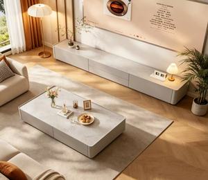 Cream Minimalist Full Rounded Edge TV Stand, Multi Hidden Drawer <b>Large</b> Capacity Low Long Sintered Stone TV Cabinet - Product Image 1