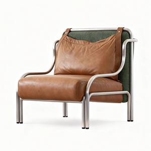 Fauteuil en cuir Hibiscus avec structure en acier inoxydable, marron, durable, fauteuil simple, meubles de salon - Product Image 4