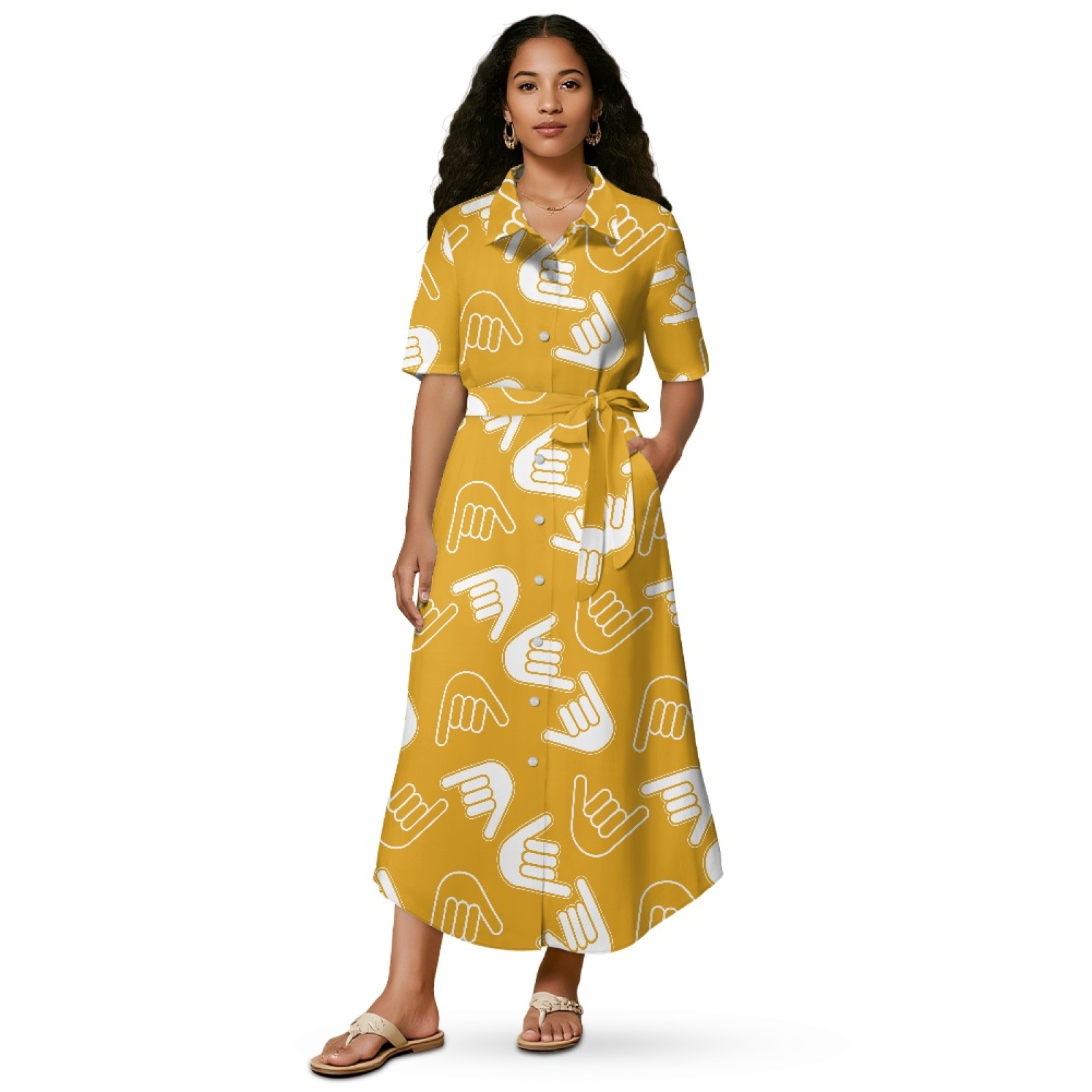 Aloha Hawaiian Short Sleeve Shirt Dress Custom Shaka Hand Sign Casual Dress  with Belt Print on Demand Knee-Length for Women