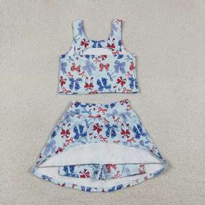 In Stock Casual Summer <b>Red</b> Blue <b>Bows</b> Tank Top Skort Baby Girls 4th of July Active Outfits Sisters Yoga Clothes Sports Clothing - Product Image 2