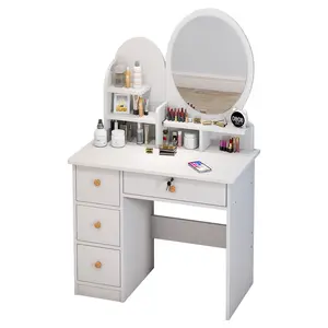 Modern MDF Vanity Mirror Dressing Table Mirror Make up Makeup Table Wood Drawer Dresser Table with Round Mirror and Light
