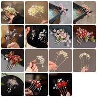 Jepit Rambut Gaya Cina Retro Motif Bunga, Sisir Pan Alloy Empat Gigi, Jepit Rambut Mutiara Bunga dengan Liontin Rumbai, Perhiasan Jepit Rambut