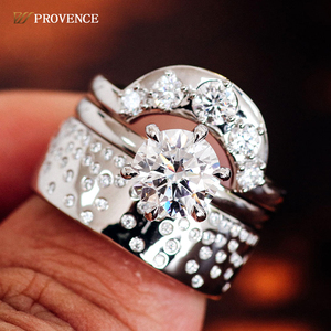 Anello <span class=keywords><strong>in</strong></span> oro 18k reale impilabile per fascia di matrimonio con cornice larga per fascia <span class=keywords><strong>Crescendo</strong></span> impilando Set di anelli Solitaire Solitaire taglio rotondo - Product Image 1