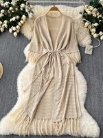 Kimono Cardigan en Tricot Personnalisé pour Femme, Ouvert sur le Devant, à Nouer à la Taille, Ourlet à Franges, Creux, Style Bohème, Cache-maillot de Plage Long d'Été pour Femmes