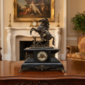 Reloj de Mesa de Estilo Francés con Figura de Latón Antiguo de los Caballos de Marly y Mecanismo de Mármol - Product Image 4