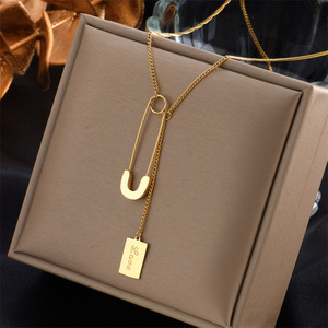Gold Zinc Alloy Safety Pin Necklace With Square Tag Pendant Minimalist Design For Gift Fashion Jewelry - Product Image 1