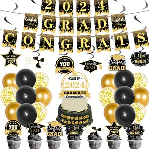 Perlengkapan pesta hitam dan emas Musim wisuda 2024 balon bendera Quinceanera perlengkapan rangkaian baris sekrup gantung