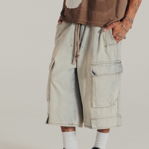 Pantalones Cortos Cargo de Mezclilla para Hombre, Lavado Claro, con Cordón en la Cintura, Múltiples Bolsillos, Holgados, Largos hasta la Rodilla, Estilo Urbano - Product Image 2