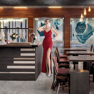 Nouvelle robe longue en satin à bretelles spaghetti, fendue, élégante, pour soirée, mariage, robe de bal, empire, en mousseline de soie - Product Image 2