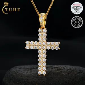 Fashion Men Women 18K Gold Plated 925 Sterling Silver 2 Rows VVS Moissanite Diamond Cross Pendant Necklace