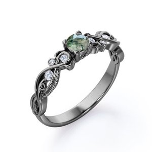 Milgrain-anillo de compromiso de estilo antiguo, filigrana redonda auténtica, musgo, Ágata verde y moissanita, 4 puntas - Product Image 5