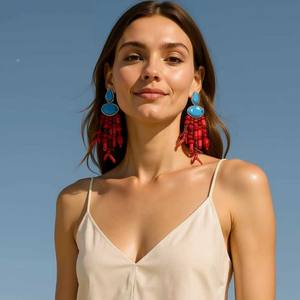 Boucles d'oreilles ethniques rétro perlées avec pendentif corail style océan naturel pour femmes - Product Image 1