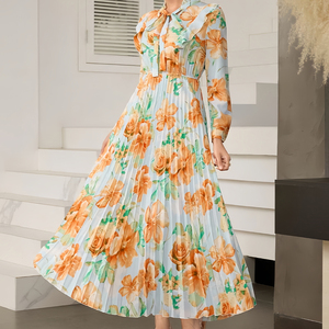 Vestido de Gasa Plisado con Estampado Digital, Cuello Redondo Francés, Manga Larga, Nuevo y a la Moda, Personalizado para Mujer - Product Image 1