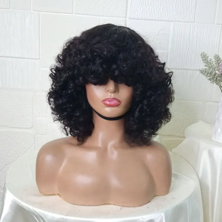 Peluca de cabello humano rizado con flequillo para mujer de color, pelo virgen de 12a con doble estiramiento, pelo corto con flecos, belleza popular