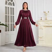 Robe Abaya Musulmane Élégante en Satin Polyester Brillant, Ornée de Strass, Manches Longues, Robe de Soirée Maxi, Ceinture en Strass pour Femmes