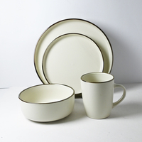 Ensemble de vaisselle en céramique blanc crème de 16 pièces avec bordure noire fine, ensemble de bols et de tasses ronds, vaisselle en porcelaine pour la maison et la cuisine