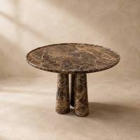 Table à manger ronde en marbre brun foncé moderne, trois pieds coniques, personnalisable, table 4 places pour villa, restaurant