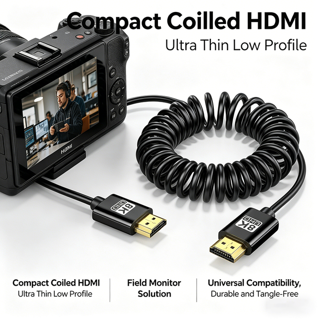 8K 60Hz HDMI 2.1 Coiled Cable Ultra Thin Spring HDMI Cable for Camera Monitor Atomos Recorder Bidirectional