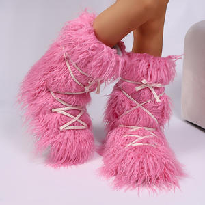 SHIKOL peluche fausse fourrure bottes pour femmes Vintage Goth Mega tracteur bottes mi-<span class=keywords><strong>mollet</strong></span> à lacets grosses chaussures plates <span class=keywords><strong>femme</strong></span> Y2K hiver neige - Product Image 2