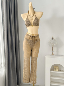 Conjunto de Pantalones de Encaje Geométrico de Cintura Alta para Mujer, Bralette Transpirable sin Varillas, Spandex, Poliéster, Estilo Cómodo - Product Image 3